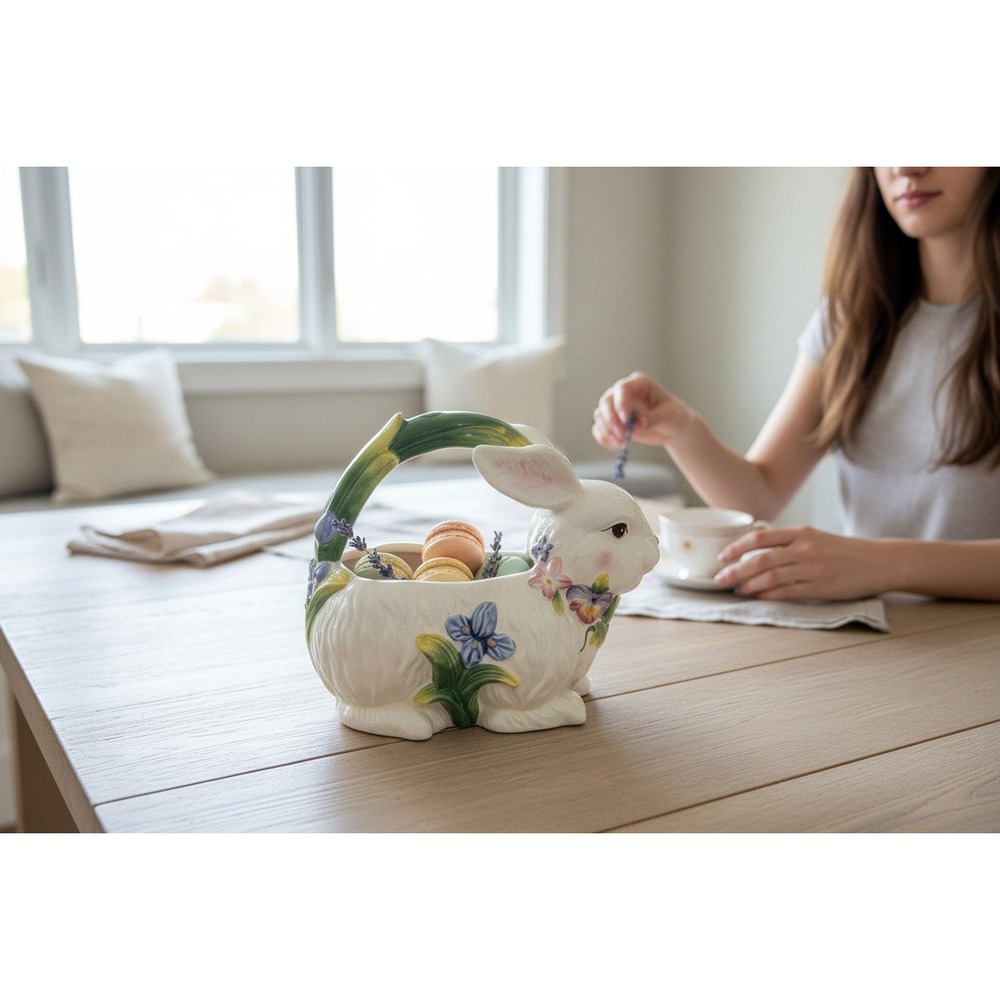CornerRuby Bunny Basket Home Decor White NWOT Handcrafted Floral C8540